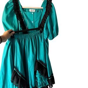 Vintage Western Teal Prairie Skirt & Blouse Set Pitchfork‎ Brand M